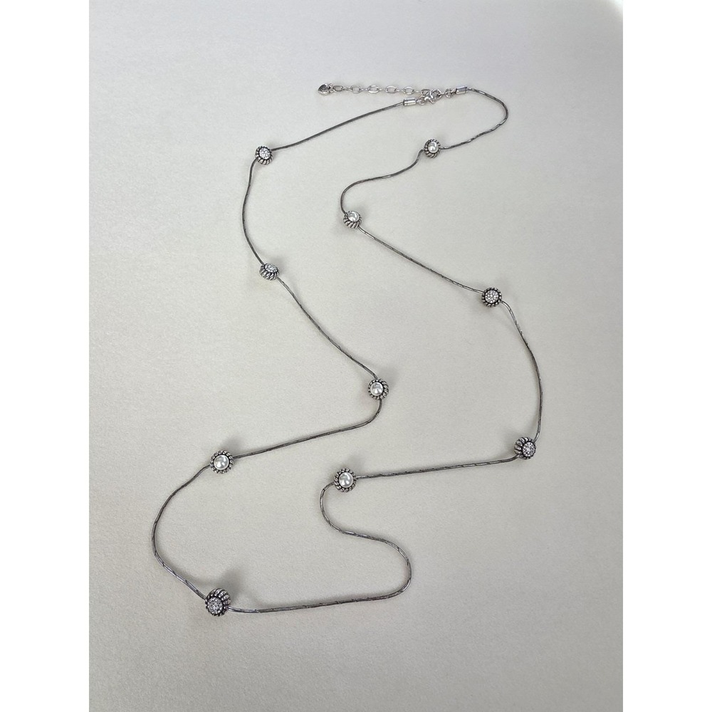 Vtg BRIGHTON Signed Faux Pearl Station Necklace Reversible Snake Chain‎ 40"